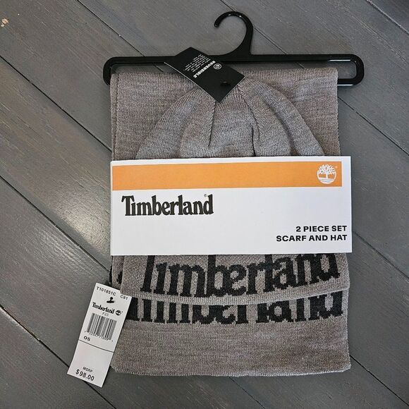 Timberland Men's Gray Logo Jacquard Reversible Scarf And Beanie -2 Piece… - Picture 2 of 9